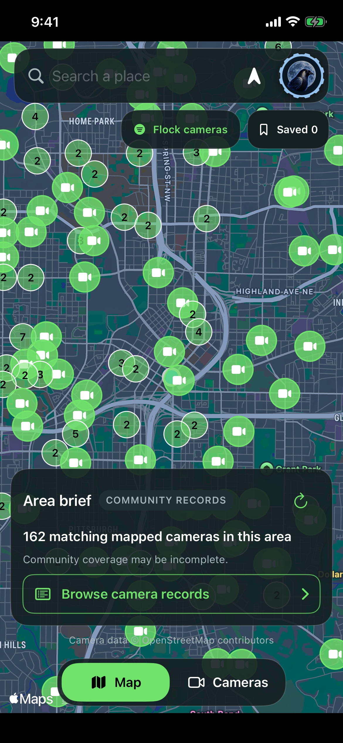 Flock AFO map near Atlanta with the Flock cameras filter, mapped camera markers, and a notice that community coverage may be incomplete.