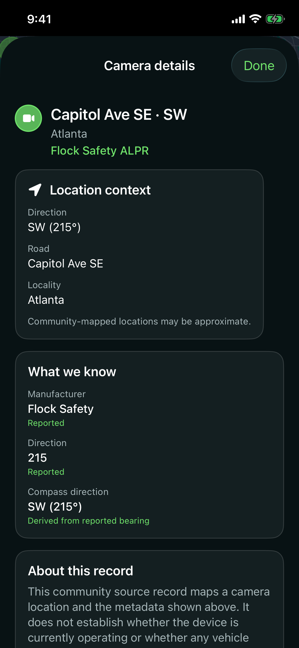 Flock AFO camera details showing a reported manufacturer and direction separately from derived location and compass context.